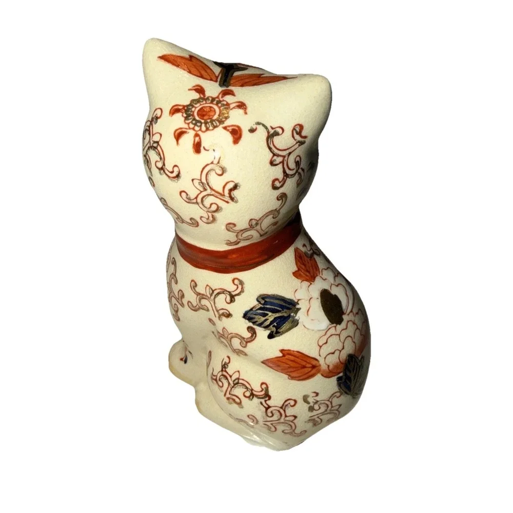 Vintage Cat Figurine Takahashi with Floral Arabesque & Leaves Side Stance 6 1/4
